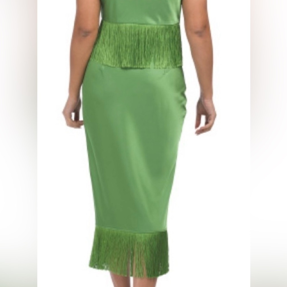 Rachel Zoe Green Midi Skirt with side slit and Fringe detail